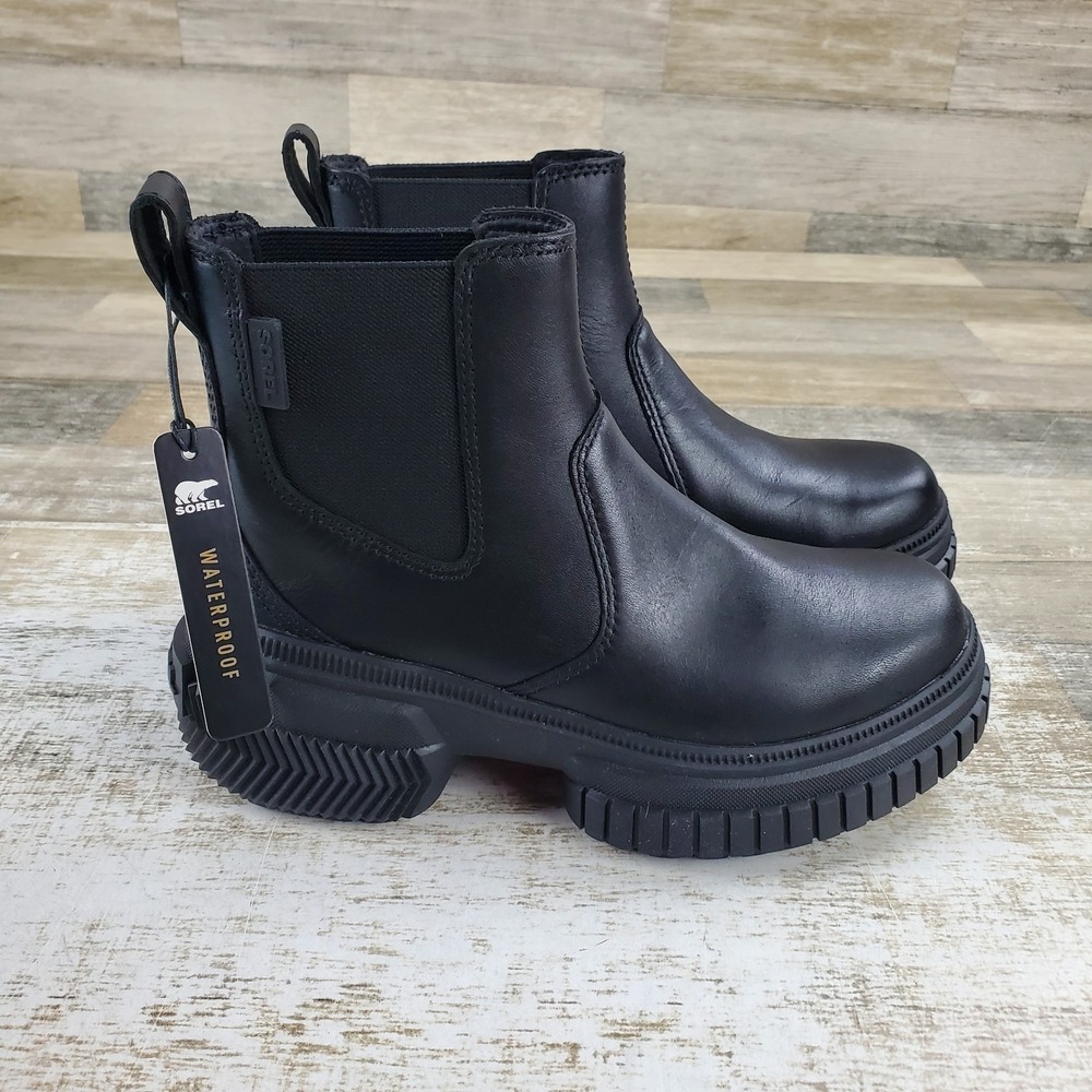 Sorel ONA AVE Womens Chelsea Boots Sz 5 Black Leather Comfort Waterproof Pull On